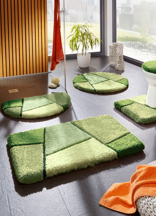 Badgarnituren - Farbenfrohe Badgarnitur mit rutschhemmender Rückseite, in Größe 101 (Teppich, 50/ 90 cm) bis 110 (Hänge-WC-Garnitur 2-teilig), in Farbe GRAU – Farbe GRÜN – Ansicht 