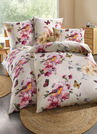 Bettwäschegarnituren - Traumhafte Bettwäsche-Garnitur mit frühlingshaftem Dessin – Farbe DESSIN 1 Bettwäschegarnituren - Traumhafte Bettwäsche-Garnitur mit frühlingshaftem Dessin, in Größe 111 (40/80 cm + 135/200 cm) bis 115 (80/80 cm + 155/220 cm), in Farbe DESSIN 1