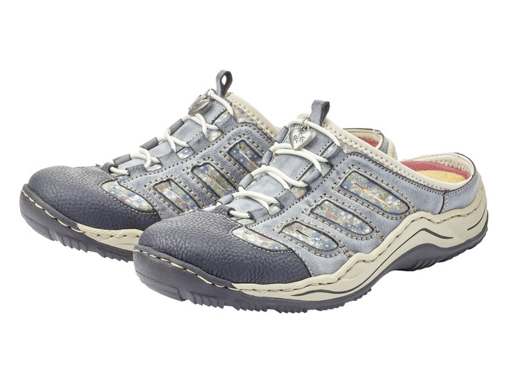 Sport- & Freizeitschuhe - Rieker, klassische Damen-Clogs, mit Elastik-Zierschnürung, in Größe 036 bis 043, in Farbe JEANS-BEIGE Ansicht 3