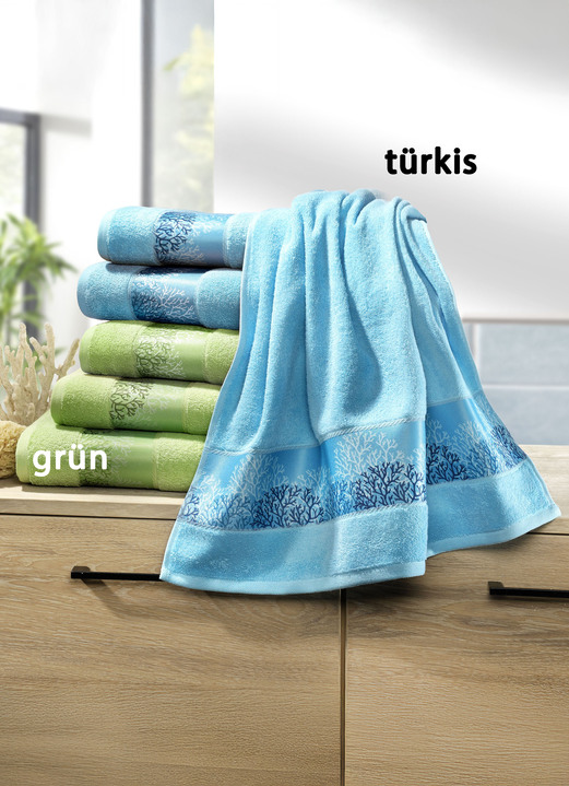 Frottier Handtücher - Weiche Frottier-Serie mit hochwertiger Jacquard-Bordüre, in Größe 200 (1 Handtuch, 50/100 cm) bis 205 (5-teiliges Sparset), in Farbe TÜRKIS