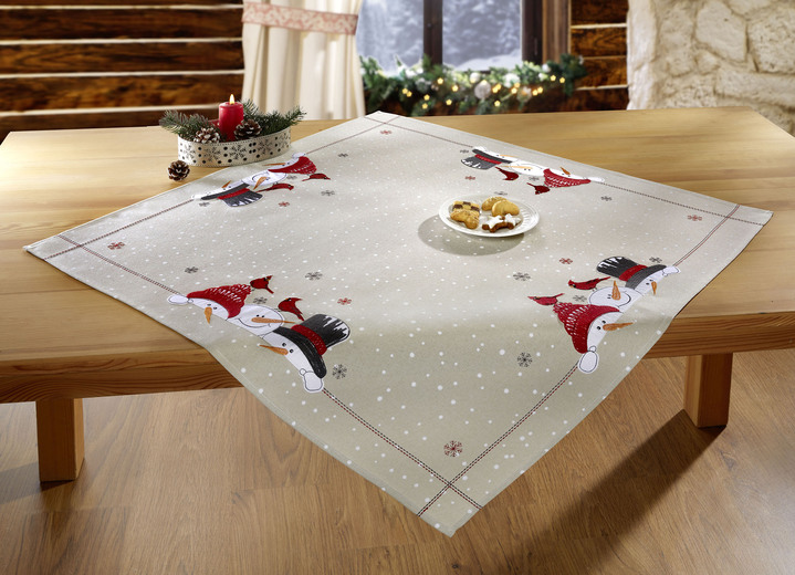 Tischdecken - Zauberhafte Tisch- und Raumdekoration mit Schneemann-Motiven, in Größe 135 (Deckchen, 60/ 60 cm) bis 404 (Kissenbezug, 40/ 40 cm), in Farbe GRÜN Ansicht 2