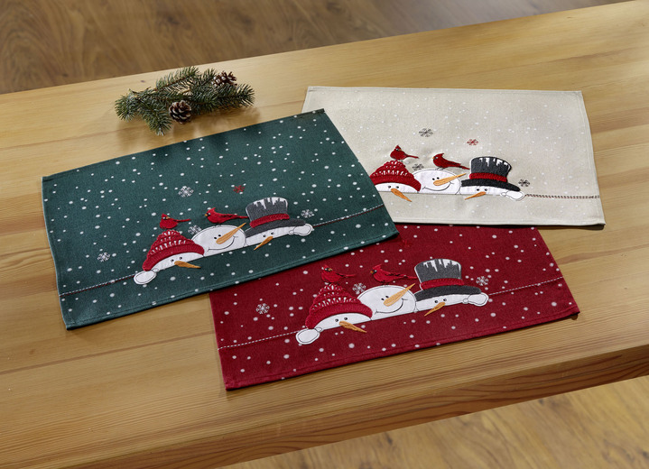 Tischdecken - Zauberhafte Tisch- und Raumdekoration mit Schneemann-Motiven, in Größe 135 (Deckchen, 60/ 60 cm) bis 404 (Kissenbezug, 40/ 40 cm), in Farbe GRÜN Ansicht 3