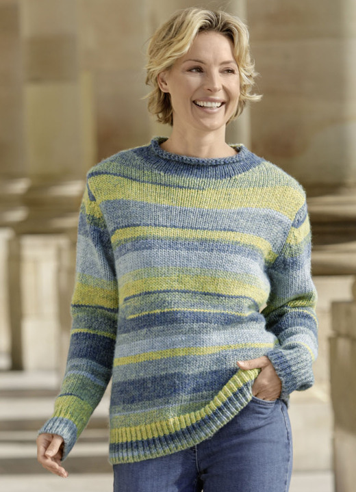 Langarm - Pullover mit Schurwolle, in Größe L(44/46) bis XS(32/34), in Farbe BLAU-GELB-MULTICOLOR Ansicht 1