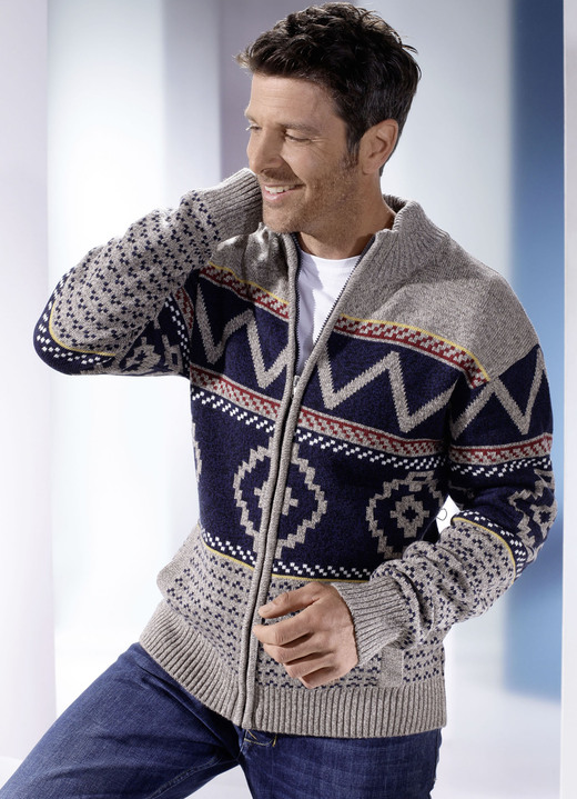 Pullover & Strickmode - Jacke mit durchgehendem Reißverschluss, in Größe 044 bis 062, in Farbe MARINE-BEIGE MELIERT