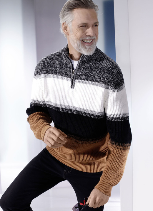 Pullover & Strickmode - Troyer mit kurzem Reißverschluss, in Größe 046 bis 062, in Farbe WEISS-SCHWARZ-CAMEL