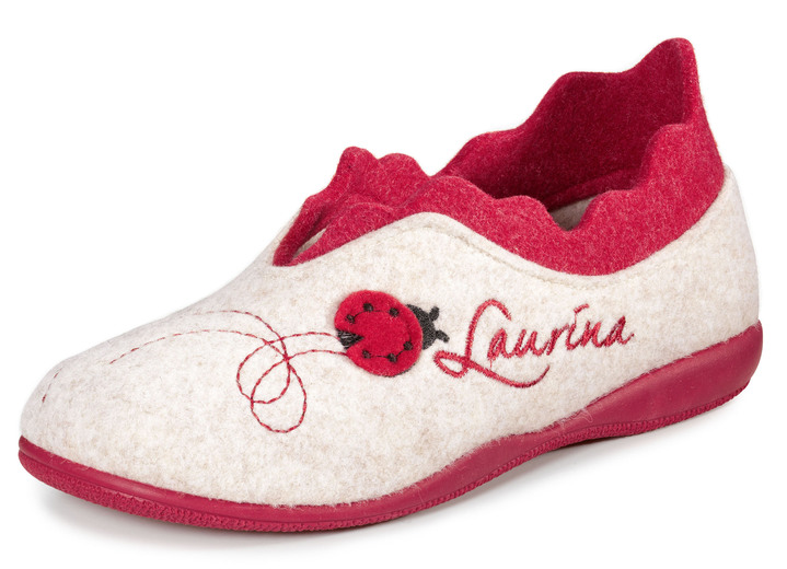 - Laurina Filz-Hausschuh mit fantasievoller Stickerei, in Größe 036 bis 042, in Farbe ECRU-ROT Ansicht 1