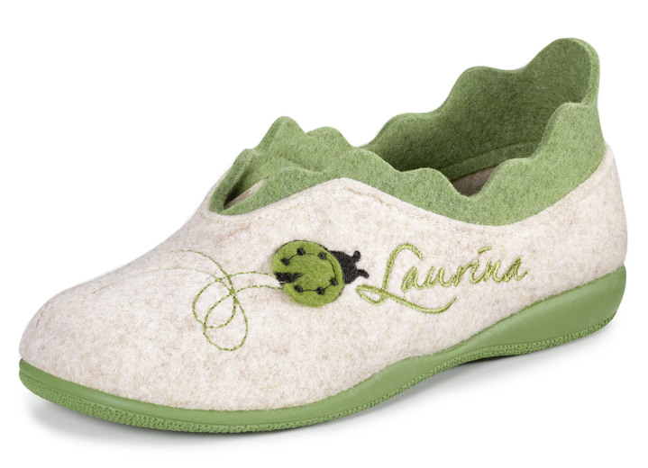 - Laurina Filz-Hausschuh mit fantasievoller Stickerei, in Größe 036 bis 042, in Farbe ECRU-GRÜN Ansicht 1
