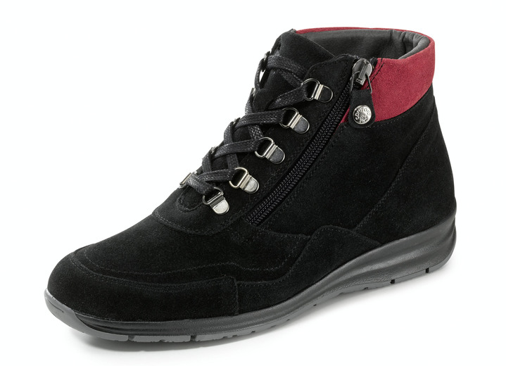 Stiefel & Stiefeletten - Schnür-Bootie mit praktischem Seiteneißverschluss, in Größe 036 bis 042, in Farbe SCHWARZ-ROT Ansicht 1