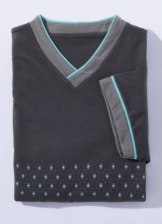 Nachthemden - Zweierpack Nachthemden mit V-Ausschnitt und Seitenschlitz, in Größe 3XL bis XXL, in Farbe GRAU-TÜRKIS Ansicht 2