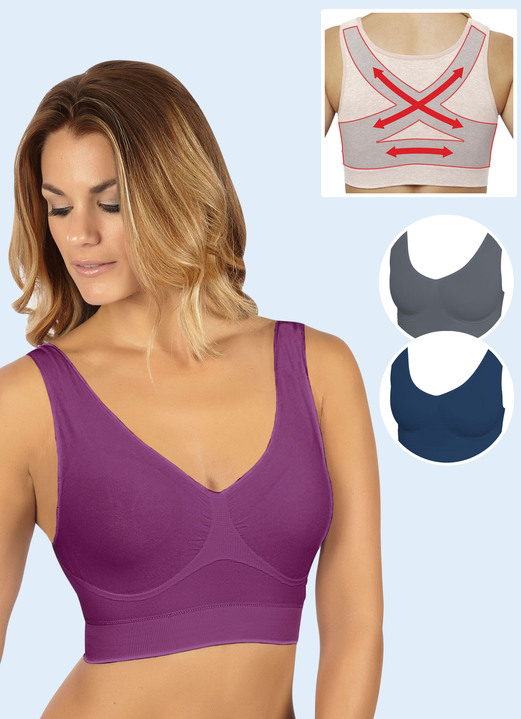 Bustiers - Nahtloser Komfort-BH 3er-Set, in Größe 3XL (52/54) bis XXL (48/50), in Farbe BEERE-GRAU-MARINE Ansicht 2