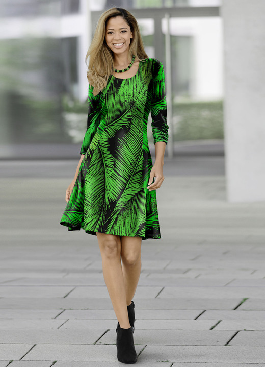 Langarm - Kleid mit Palmenblatt-Motiv, in Größe 034 bis 050, in Farbe GRÜN-SCHWARZ