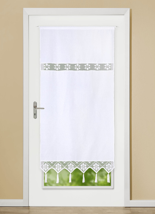 Klassisch - Fenster- und Türbehang mit Häkeleinsätzen, in Größe 307 (Fensterbehang, H60xB40 cm) bis 349 (Türbehang, H175xB90 cm), in Farbe WEISS Ansicht 1