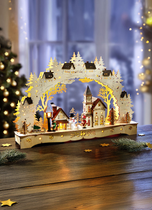Weihnachtliche Dekorationen - Schwibbogen mit LED-Beleuchtung, in Farbe BRAUN-NATUR