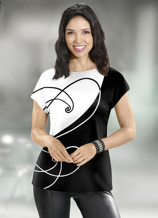 Kurzarm - Shirt mit edlem Druck, in Größe 036 bis 052, in Farbe SCHWARZ-GELB Ansicht 2