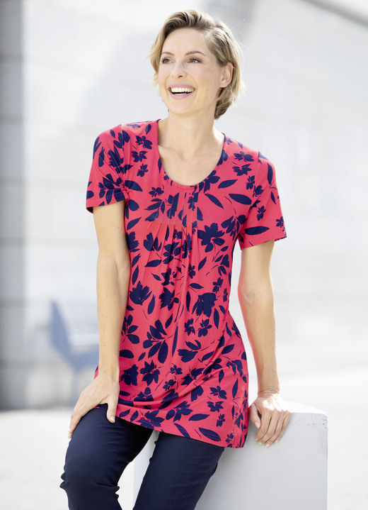 - Interessantes allover dessiniertes Longshirt in 2 Farben, in Größe 038 bis 054, in Farbe ROT-MARINE