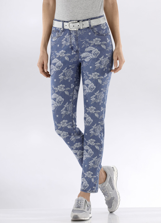 Hosen - Jeans mit floraler Dessinierung, in Größe 017 bis 050, in Farbe JEANSBLAU-BLAU Ansicht 3