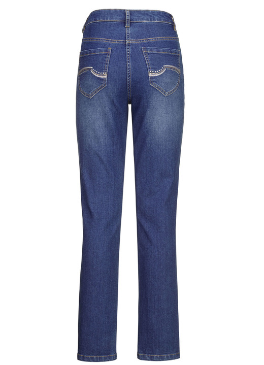 Hosen mit Knopf- und Reißverschluss - Jeans mit schönen Stickereien und funkelnden Strassteinen, in Größe 017 bis 052, in Farbe JEANSBLAU Ansicht 2