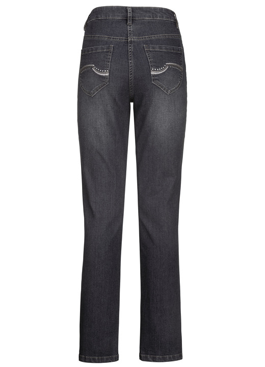 Hosen mit Knopf- und Reißverschluss - Jeans mit schönen Stickereien und funkelnden Strassteinen, in Größe 017 bis 052, in Farbe JEANSBLAU Ansicht 10