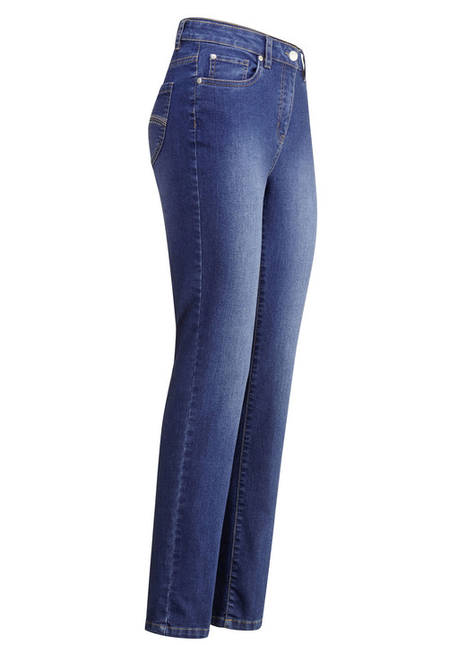 Hosen mit Knopf- und Reißverschluss - Jeans mit schönen Stickereien und funkelnden Strassteinen, in Größe 017 bis 052, in Farbe JEANSBLAU Ansicht 1