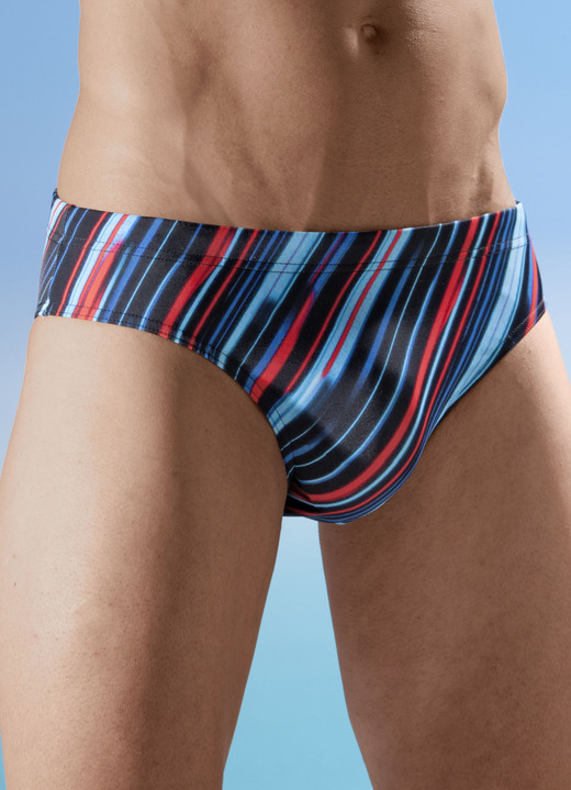 Badehosen - Badehose in Slipform, allover dessiniert, in Größe 004 bis 009, in Farbe SCHWARZ-BUNT