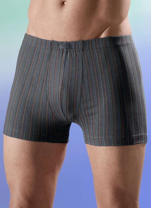 Pants & Boxershorts - Viererpack Pants mit Dehnbund, in Größe L bis XXL, in Farbe 1x DUNKELGRUEN GESTREIFT, 1x GRAU GESTREIFT, 1x UNI MARINE, 1x UNI SCHWARZ Ansicht 2