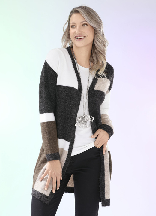 - Long-Strickjacke in flauschig weicher Qualität, in Größe L(44/46) bis XL(48/50), in Farbe ANTHRAZIT-ECRU-BRAUN Ansicht 2