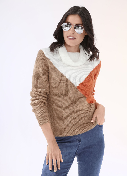 Langarm - Pullover in superflauschiger Qualität, in Größe L(44/46) bis XS(32/34), in Farbe CAMEL-ORANGE-WOLLWEISS Ansicht 2