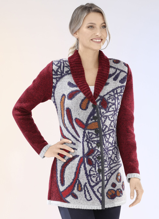 Strickjacken - Strickjacke mit platziertem Jacquard-Dessin, in Größe 038 bis 054, in Farbe WEINROT MELIERT-MULTICOLOR Ansicht 2