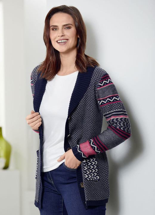 Strickjacken - Strickjacke im Mustermix, in Größe 038 bis 054, in Farbe MARINE-ROT-CREME Ansicht 2