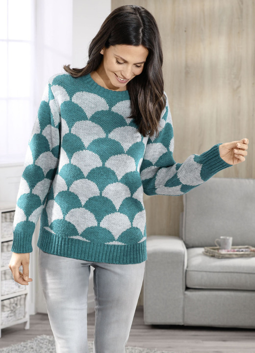 Langarm - Pullover in flauschigem Jacquard-Dessin, in Größe 036 bis 050, in Farbe GRAU MELIERT-PETROL Ansicht 2