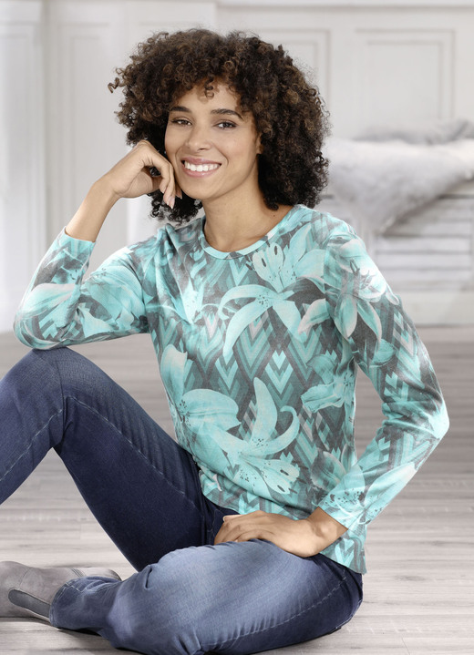 Pullover - Pullover in weich fließender Qualität, in Größe 038 bis 054, in Farbe TÜRKIS-MULTICOLOR Ansicht 2