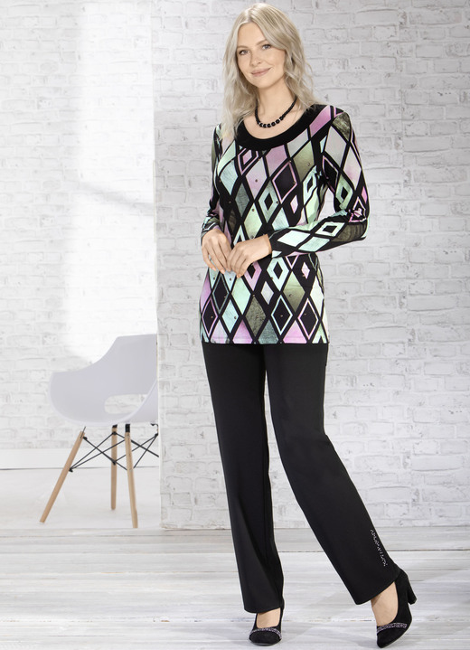 Shirts - Ausdruckvolles Longshirt mit schwarzer Blende, in Größe 040 bis 048, in Farbe GRÜN-ROSA Ansicht 2