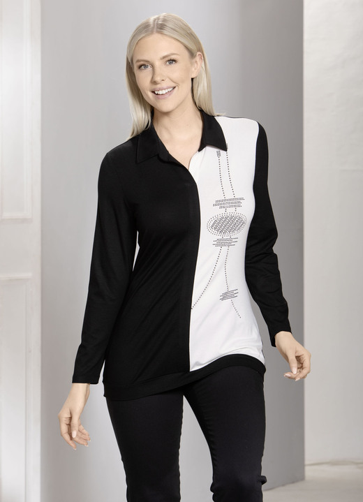 Shirts - Poloshirt mit effektvoller Plättchenzier, in Größe 036 bis 048, in Farbe SCHWARZ-ECRU