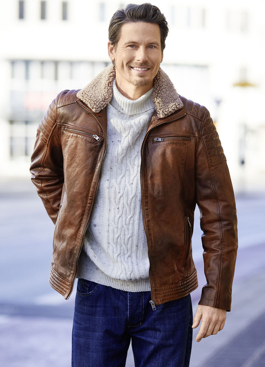 Lederjacken - Lederkurzjacke mit Webpelzbesatz, in Größe 046 bis 060, in Farbe ANTIK COGNAC Ansicht 2