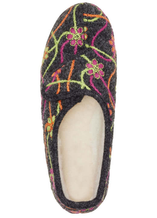 Hausschuhe - Klett-Hausschuh mit bunter Blüten-Stickerei, in Größe 036 bis 042, in Farbe ANTHRAZIT-BUNT Ansicht 2