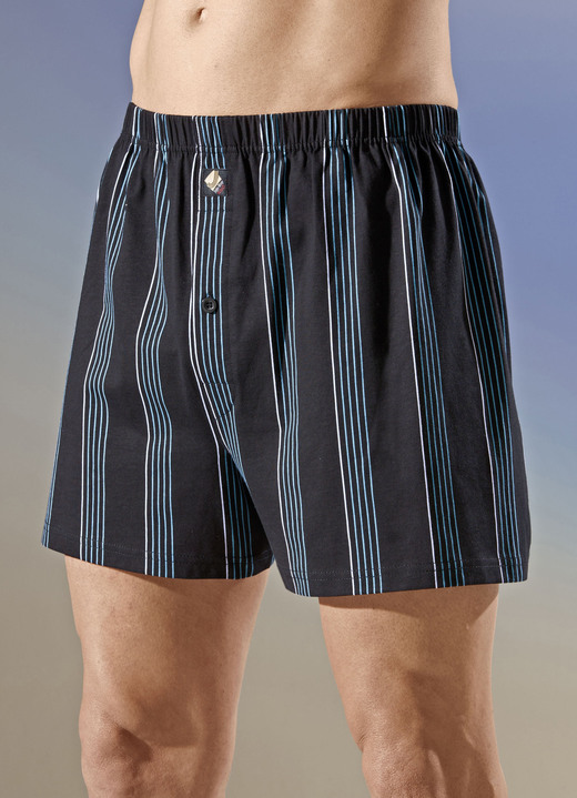 Herrenwäsche - Viererpack Boxershorts mit Streifendessin, in Größe 005 bis 016, in Farbe 2X SCHWARZ-TÜRKIS, 2X MARINE-TÜRKIS