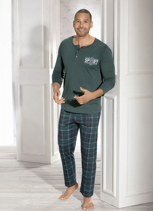 - Schlafanzug mit Knopfleiste und Druckmotiv, in Größe 046 bis 062, in Farbe TANNENGRÜN-MARINE Ansicht 2