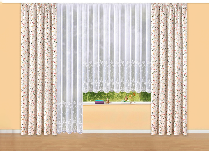Klassisch - Store mit Blätter-Stickerei und Universalschienenband, in Größe 160 (H145xB300 cm) bis 291 (H245xB450 cm), in Farbe WEISS Ansicht 1