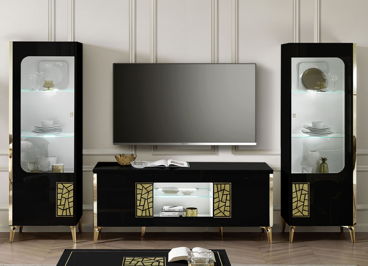 TV- & Hifi-Möbel - Möbelprogramm mit LED-Beleuchtung Ansicht 2 TV- & Hifi-Möbel - Möbelprogramm mit LED-Beleuchtung, in Farbe SCHWARZ-GOLD, in Ausführung Vitrine, 1-türig, links Ansicht 2