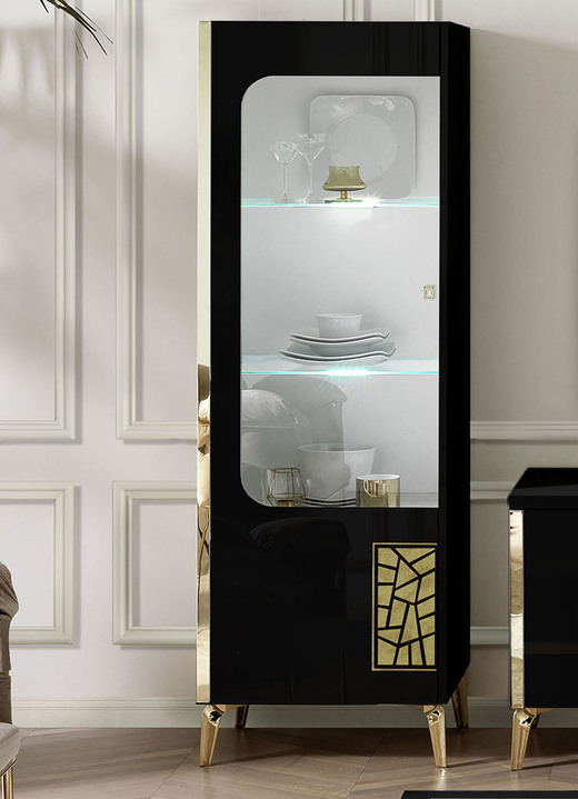 TV- & Hifi-Möbel - Möbelprogramm mit LED-Beleuchtung, in Farbe SCHWARZ-GOLD, in Ausführung Vitrine, 1-türig, links Ansicht 1