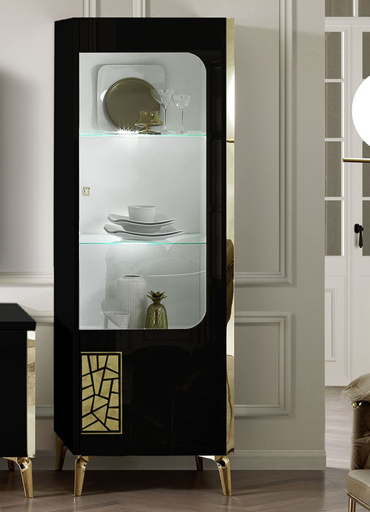 TV- & Hifi-Möbel - Möbelprogramm mit LED-Beleuchtung Ansicht 3 TV- & Hifi-Möbel - Möbelprogramm mit LED-Beleuchtung, in Farbe SCHWARZ-GOLD, in Ausführung Vitrine, 1-türig, links Ansicht 3