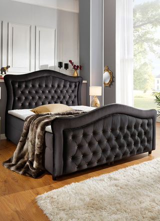 Boxspringbetten - Boxspringbett mit gepolsterten Kopf- und Fußteil – Farbe SCHWARZ – Ansicht  Boxspringbetten - Boxspringbett mit gepolsterten Kopf- und Fußteil, in Farbe BEIGE – Farbe SCHWARZ – Ansicht