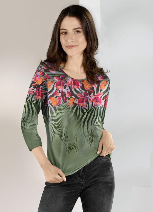 3/4-Arm - Pullover in Feinstrick, in Größe 036 bis 052, in Farbe OLIV-MULTICOLOR