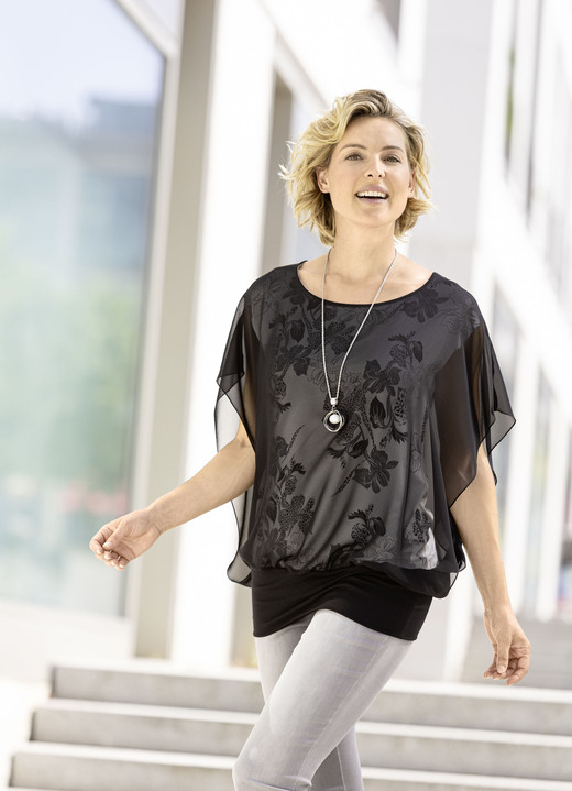 - Poncho-Tunika mit Chiffon-Besatz, in Größe 036 bis 052, in Farbe SCHWARZ-ECRU