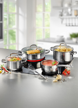 - Kochtopf-Set aus rostfreiem Edelstahl, 8-teilig, in Farbe EDELSTAHL