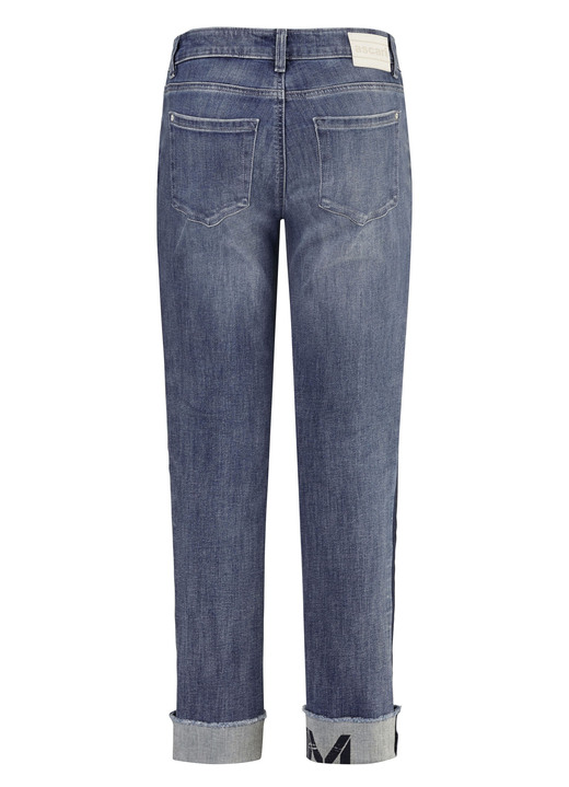 Hosen - Jeans mit Fransensaum und Schriftzug auf einem Bein, in Größe 017 bis 050, in Farbe JEANSBLAU Ansicht 2