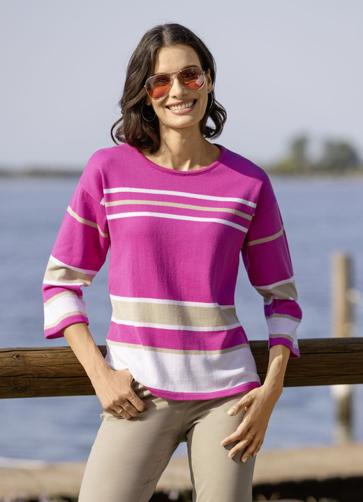 3/4-Arm - Pullover in Ringelmuster, in Größe 036 bis 052, in Farbe PINK-WEISS-BEIGE Ansicht 1