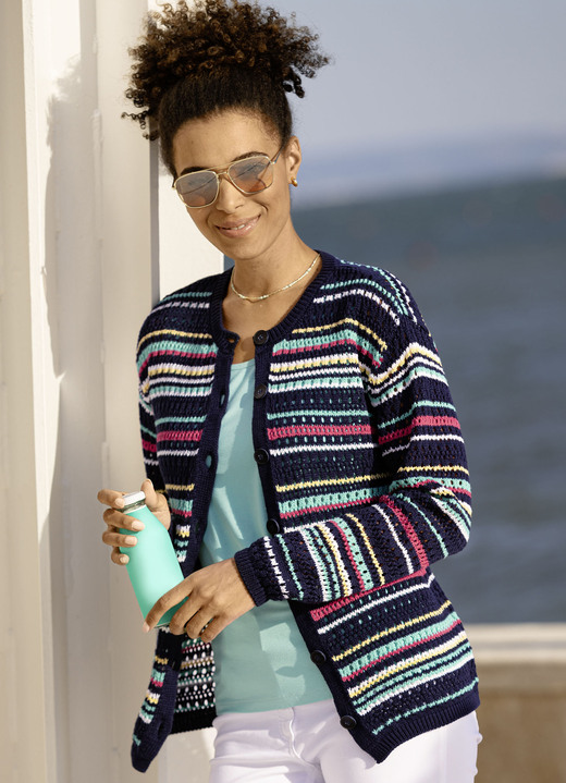 Strickjacken - Strickjacke in Ringeldessin, in Größe 038 bis 054, in Farbe MARINE-MULTICOLOR Ansicht 2