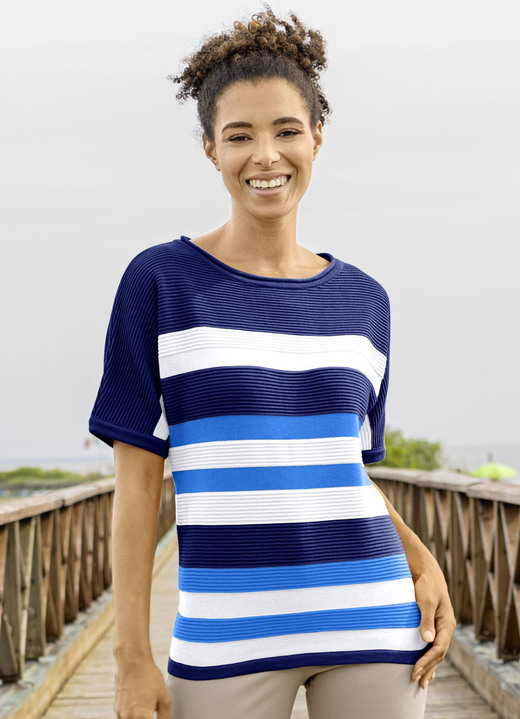 Kurzarm - Pulli in Ringeldessin, in Größe 038 bis 052, in Farbe TAUPE-ORANGE-GELB Ansicht 2