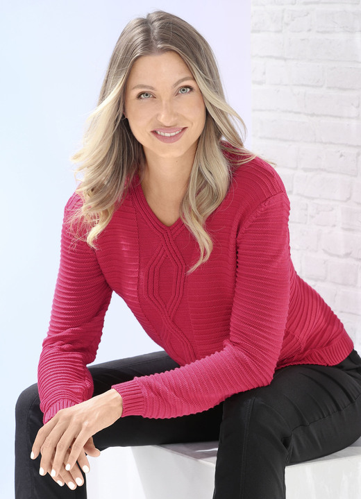 Pullover - Pullover mit streckender Zopfstruktur Ansicht 3 Pullover - Pullover mit streckender Zopfstruktur, in Größe L(44/46) bis XXL(52/54), in Farbe ROT Ansicht 3